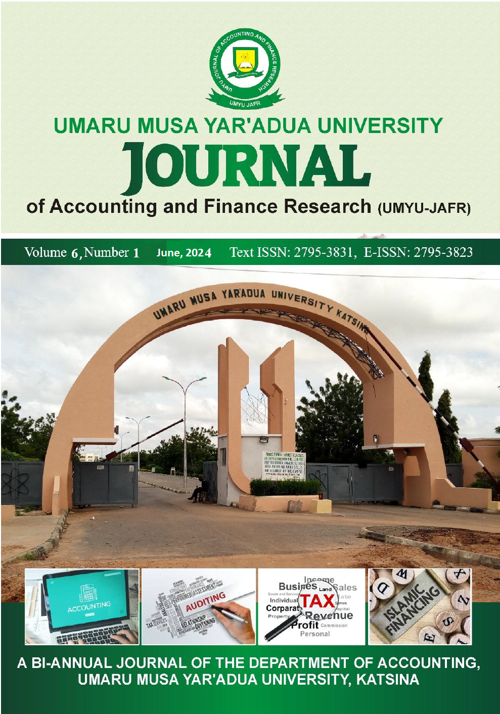 					View Vol. 6 No. 1 (2024): UMYU Journal of Accounting and Finance Research VOL. 6 NO. 1 June, 2024
				