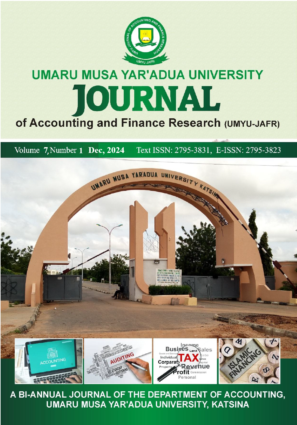 					View Vol. 7 No. 1 (2024): UMYU Journal of Accounting and Finance Research VOL. 7 NO. 1 December, 2024
				