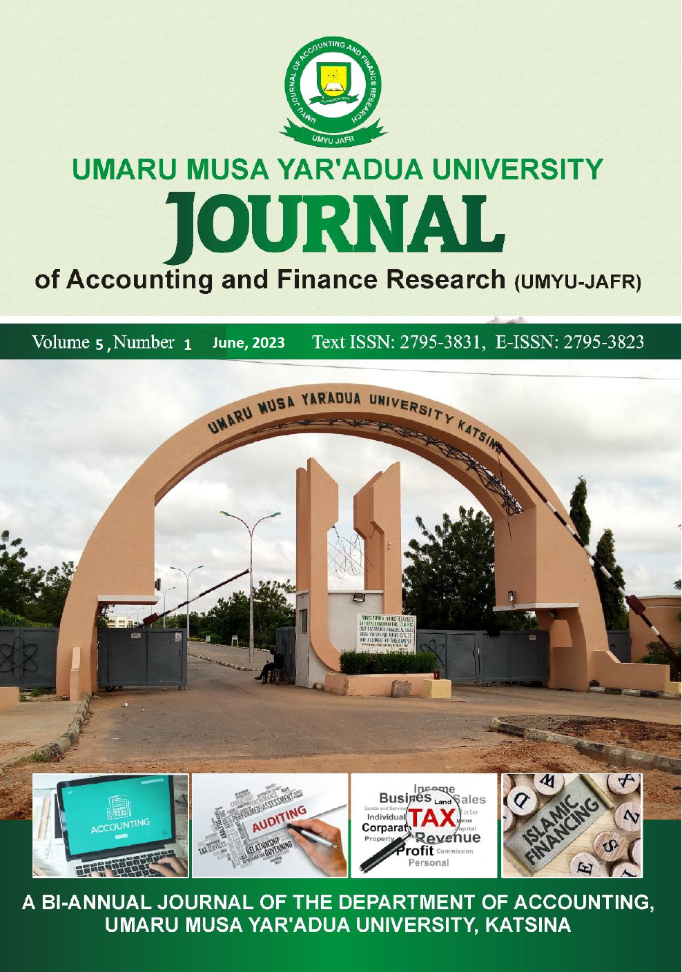 					View Vol. 5 No. 1 (2023): UMYU Journal of Accounting and Finance Research VOL. 5 NO. 1 June, 2023
				